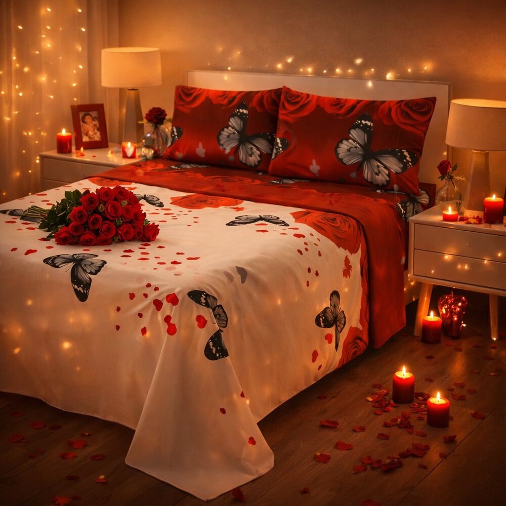 Romantic Bed Sheets Set 4 Piece Set Deep Pocket Sheets Queen & King Red & White